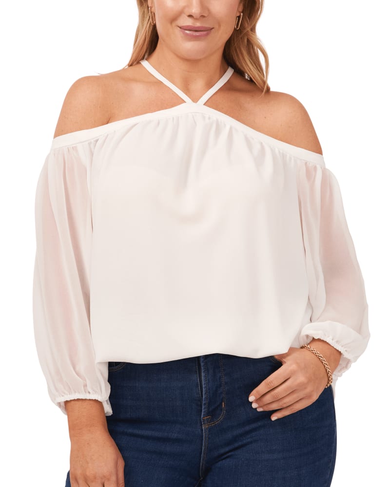 Front of a model wearing a size 0X Claire High Neck Blouse in CLOUD by 1.State. | dia_product_style_image_id:262127